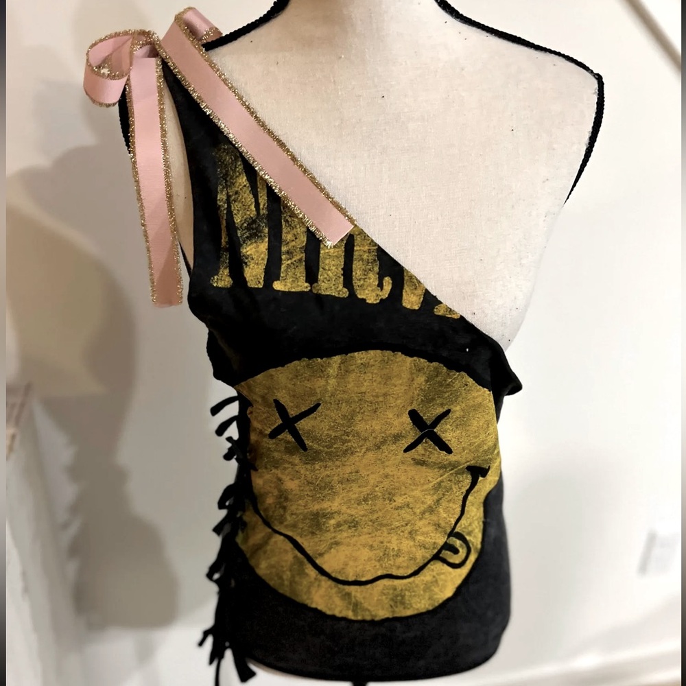 42.  Upcycled Nirvana One Shoulder Bow Acid Wash Shirt
